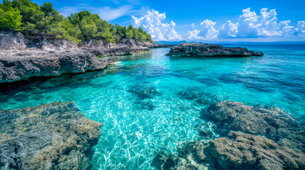 Fototapeta premium Idyllic turquoise cove with transparent clear water revealing rocky seabed, lush green coastal trees, and vibrant blue sky with white clouds on sunny day