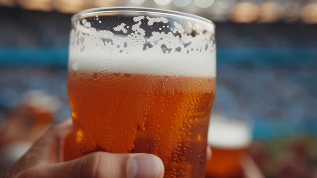 A man is holding three glasses of beer, one of which is almost empty. The other two glasses are full. Concept of celebration and enjoyment, as the man is holding up his beer in a toast