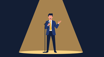 Fototapeta premium A Business Man Giving a Presentation on Stage Under a Spotlight Ready to Deliver