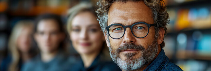 Fototapeta premium Confident and experienced diverse business team leader with smart glasses and grey beard, looking directly at camera, with blurred team in background