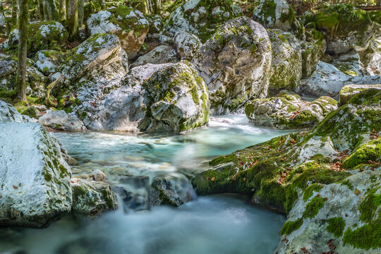 Clear waters flow gently over mossy rocks in Sunik, lepena Valley,, Slovenia, creating a peaceful natural retreat ideal for travelers seeking tranquility.