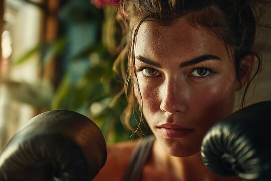 Close-up of a determined female boxer sweating in a sunlit gym, wearing leather gloves — intense focus, strength, resilience and athletic grit - Powered by Adobe