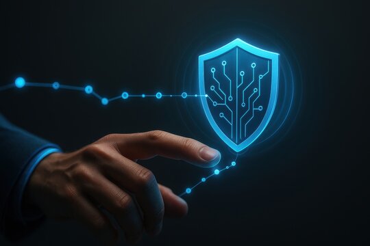 Finger touching glowing shield hologram with digital circuits representing cybersecurity protection system 

