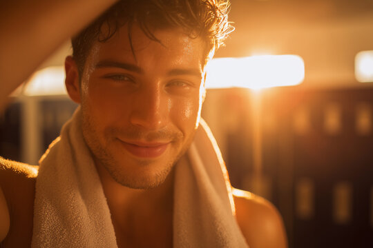 Sweaty young man smiling in warm golden locker room light with towel around his neck — post-workout confidence and healthy glow