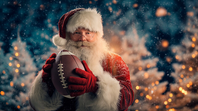 Santa Claus Holding American Football with Snowy Pine Trees and Festive Lights in Blurred Background – Holiday Sports Concept