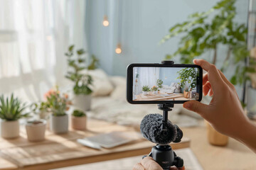 Modern home vlog setup: smartphone on tripod recording a cozy, plant-filled living room with soft natural light for stylish content creation