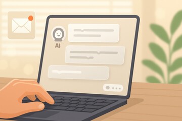 Hand using laptop with AI chatbot messaging interface and email notification alert 
