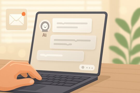 Hand using laptop with AI chatbot messaging interface and email notification alert