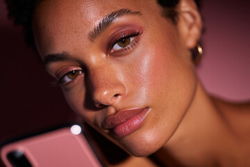 Closeup beauty portrait of a young woman with dewy glowing skin, natural freckles, pink eyeshadow and glossy lips holding a smartphone — intimate makeup