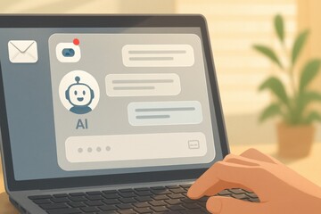 Laptop with AI chatbot messaging interface and new email notification alert 
