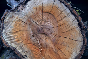 Close-up of a tree trunk section with visible annual rings and natural cracks. Wooden texture symbolizing growth, age, forestry, and natural organic patterns in wood.