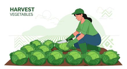 Fototapeta premium A Farmer Is Harvesting Fresh Green Cabbages In A Lush Agricultural Field