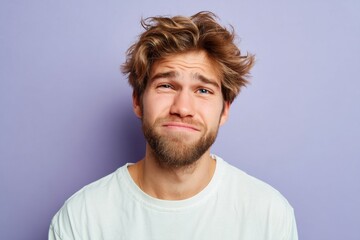 Obraz premium Playful young man with curly hair against purple background