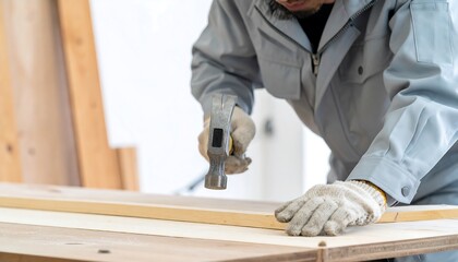 Carpenter working with wood and hammer on a construction site, skilled craftsman building and assembling wooden materials for a project
