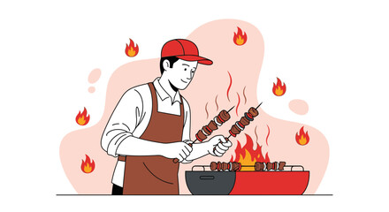 A joyful chef grilling delicious bbq skewers over a hot fire pit with cooking utensils
