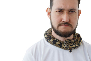 A man with a snake around his neck. White background. Snake around a man's neck.