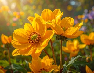 Vibrant yellow flowers bathed in sunlight, showcasing detailed petals and a blurred garden background.