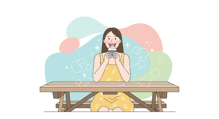 Naklejka premium A Joyful Woman Relaxes Outdoors While Enjoying Sweet Creamy Ice Cream Delightfully