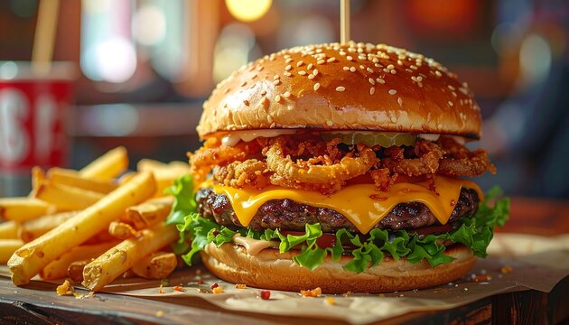 Delectable Gourmet Burger with French Fries, Culinary Composition, Freshness