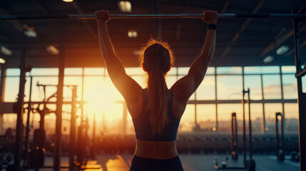 Rear view of determined female athlete with strong arms performing pull-up or hanging from bar in modern gym, beautifully backlit by golden hour sun streaming through large windows, highlighting her s