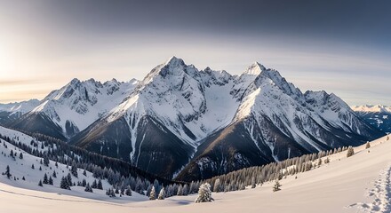 Snowy Mountain Peaks Winter Landscape.