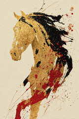Golden silhouette of horse integrated into abstract chinese brush strokes on cream background with fine sparkles, modern take on 2026 new year card