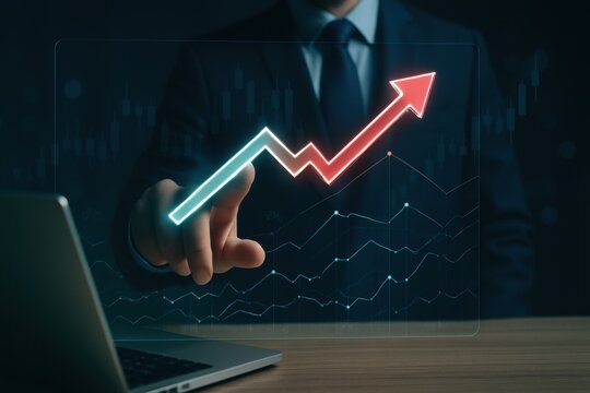 Businessman pointing at holographic rising financial chart arrow for business growth 
