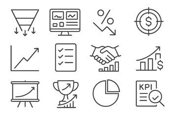 Set of 12 thin line editable icons for sales analysis, including funnels, conversions, goals, dashboards, trophies, and sales performance.