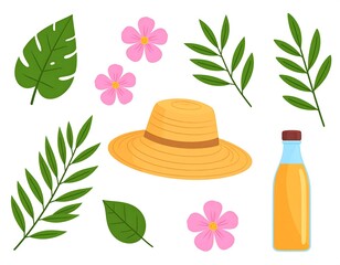 A collection of vibrant tropical leaves, flowers, a straw hat, and a bottle, creating a summery and cheerful visual arrangement.