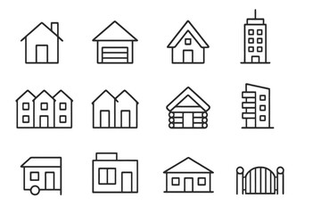 Fototapeta premium Collection of 12 linear icons representing homes and living spaces: suburban houses, tiny homes, modern flats, townhouses, and cabins.