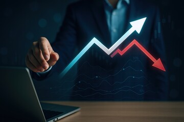 Hand pointing at holographic chart with rising and falling financial arrows for economy analysis 
