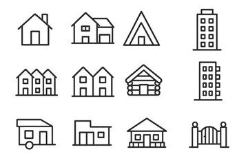 Fototapeta premium Set of 12 thin line editable icons for residential buildings, including houses, villas, condos, cottages, bungalows, and skyscrapers.