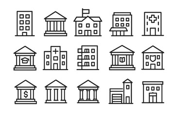 Fototapeta premium Set of 12 thin line editable icons for residential and public buildings, including office, school, hotel, hospital, university, bank, and government.