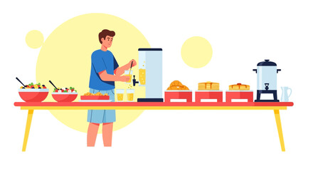 Fototapeta premium A Man Serving Juice At A Buffet with Breakfast Items and Food on a Table