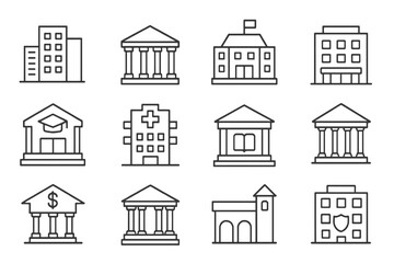 Collection of 12 linear icons representing architecture and institutions: museums, fire stations, libraries, apartments, and police stations.