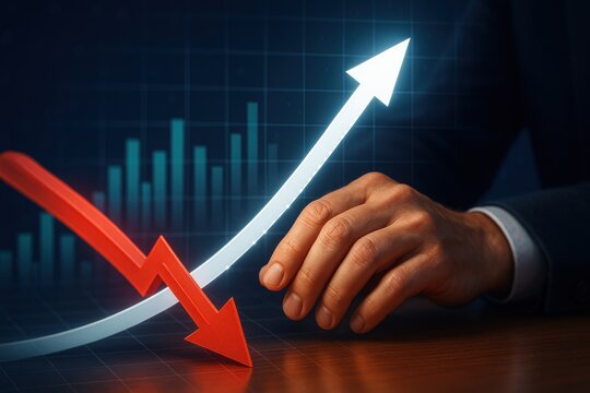 Businessman with holographic upward and downward financial arrows for growth and decline analysis 
 - Powered by Adobe