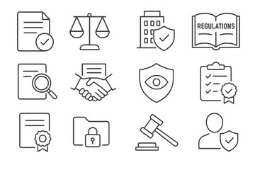 Set of 12 thin line editable icons for compliance and governance, including audits, contracts, transparency, legal action, and corporate responsibility.