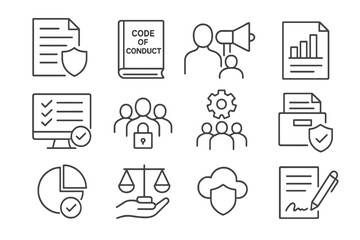Set of 12 thin line editable icons for corporate compliance, including whistleblowing, reports, audits, secure data, and official policies.