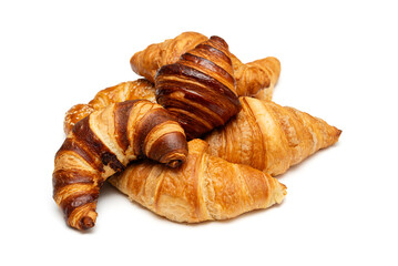 Assortment of various French croissants isolated on a white background