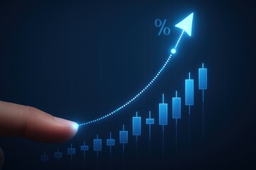Hand pointing at glowing rising percentage chart for investment growth and financial success 
