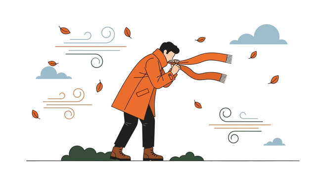 A person in an orange coat struggling to hold his scarf in the strong autumn wind