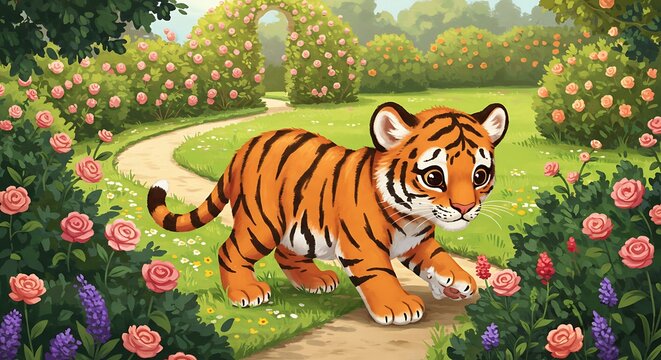 Cartoon tiger cub walks through a colorful flower garden illustration
