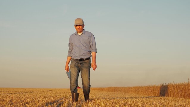 farmer working in wheat field, combine harvester ploughing in wheat field, agriculture tablet, data-driven farming practices, efficient wheat harvest, crop yield optimization, integration of - Powered by Adobe