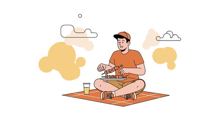 A Young Man Enjoys A Delicious BBQ Meal Outdoors During A Sunny Afternoon