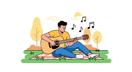 A Young Man Plays Acoustic Guitar Outdoors, Enjoying Music And Nature During Summer