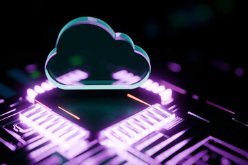 Glowing cloud icon and CPU above a digital circuit board, representing cloud computing, data storage, internet technology, digital innovation, and futuristic IT solutions. Big data and AI, concept