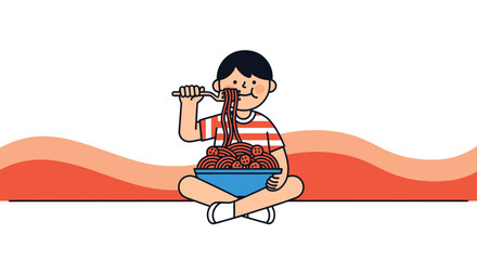 A Young Person Enjoying a Delicious Plate of Spaghetti in a Delightful Illustration