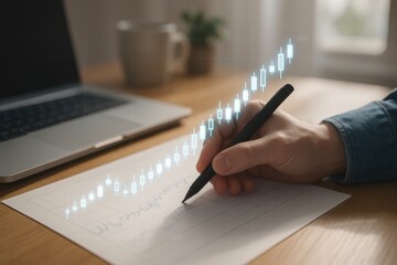 Hand writing with pen on paper with glowing holographic financial chart showing rising growth 
