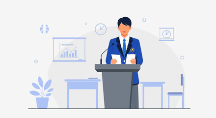 Academic Presenter Delivering Speech At A Modern Conference, A Public Speaking Illustration