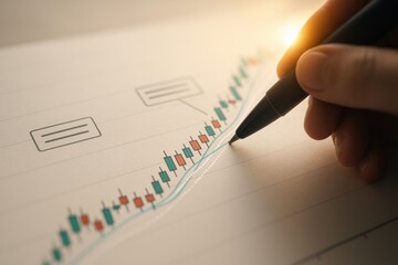 Closeup pen drawing holographic financial chart with rising growth statistics 
